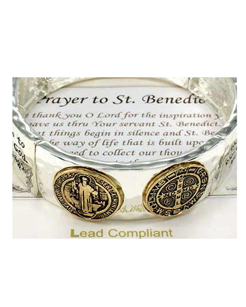 Prayer to St. Benedict Inspirational Engraved Hammered Stretch Bracelet by Jewelry Nexus