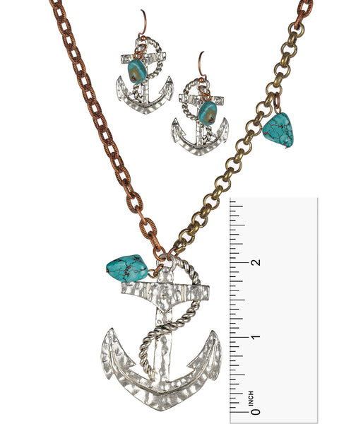 Silver-tone Anchor & Swirling Rope & Brass Chain Necklace & Earring Set by Jewelry Nexus