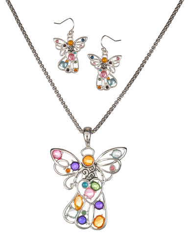 Silver-Tone Pink Yellow Blue Orange Purple Green Crystal Holy Angel Pendant Popcorn Chain & Earrings