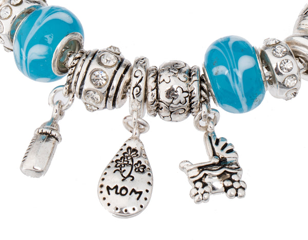 Baby Themed Pink and Blue Heart Toggle Clasp Charm Bracelet